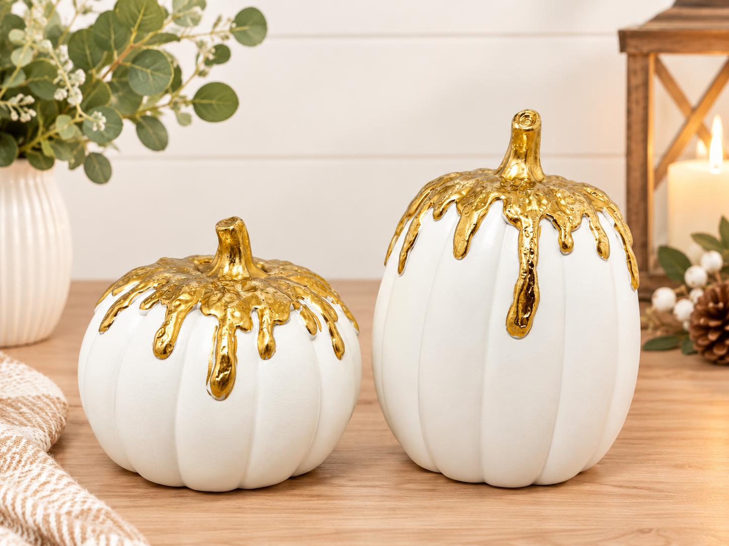 Luxury White & Gold Pumpkin Décor Set – Set of 2