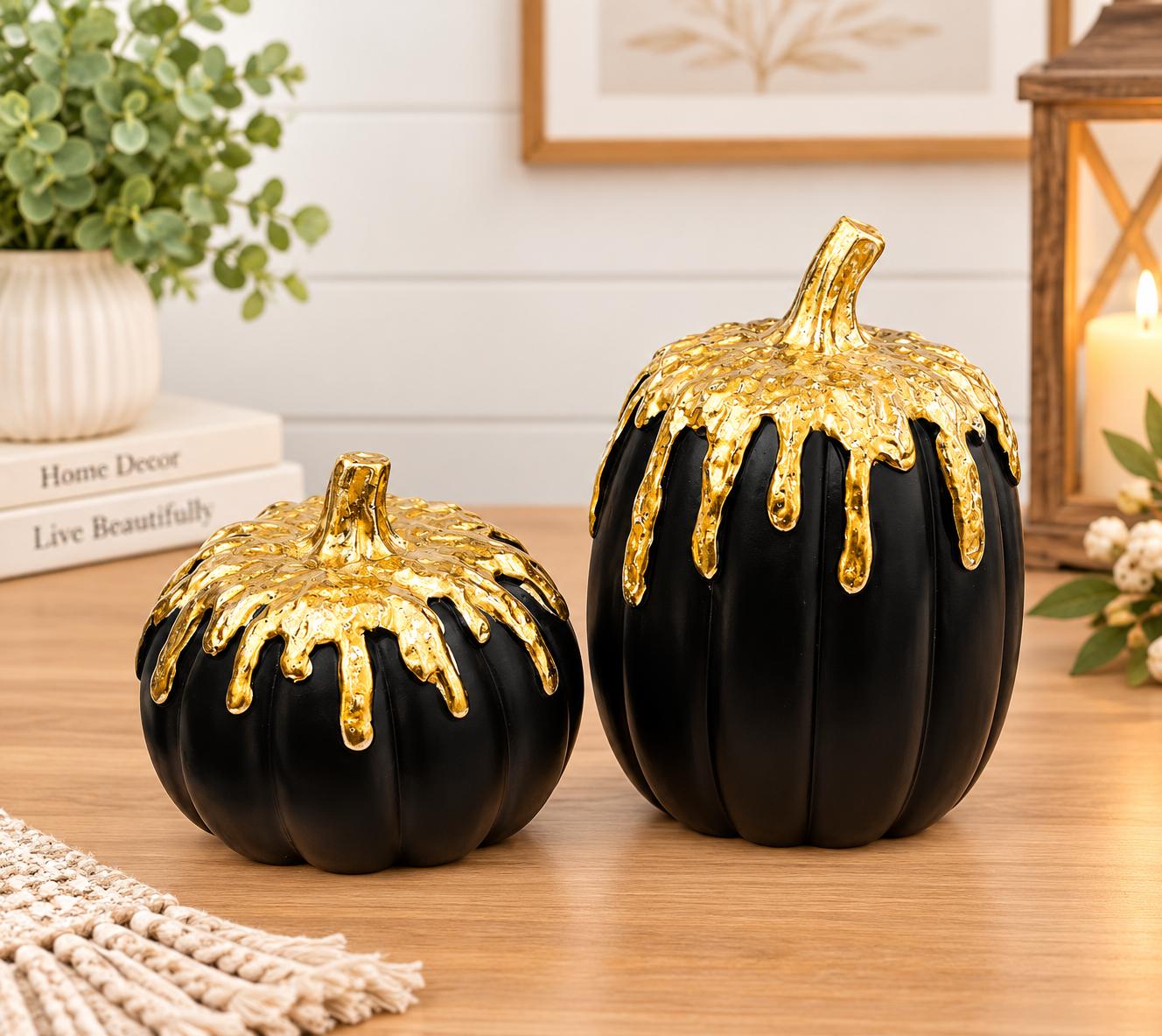 🖤 Luxury Black & Gold Pumpkin Décor Set – Set of 2
